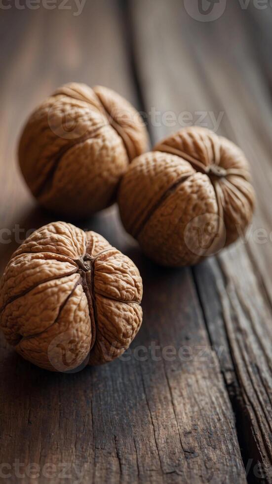 Three walnuts are displayed on a wooden table. photo