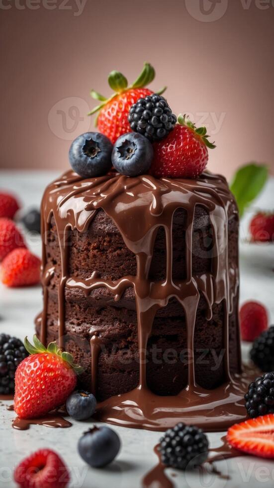 A chocolate cake with chocolate drizzle and berries on top of it. photo