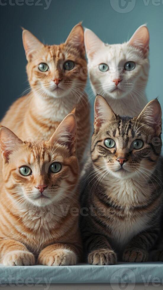 A drawing of four cats with one of them being a kitten. photo