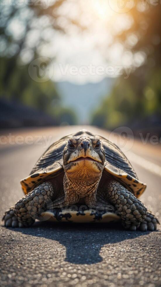 Leopard tortoise resting on a paved road. photo