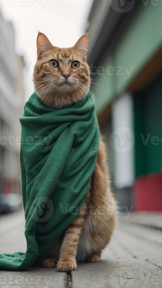 A cat is wearing a green blanket and standing in front of a building. photo