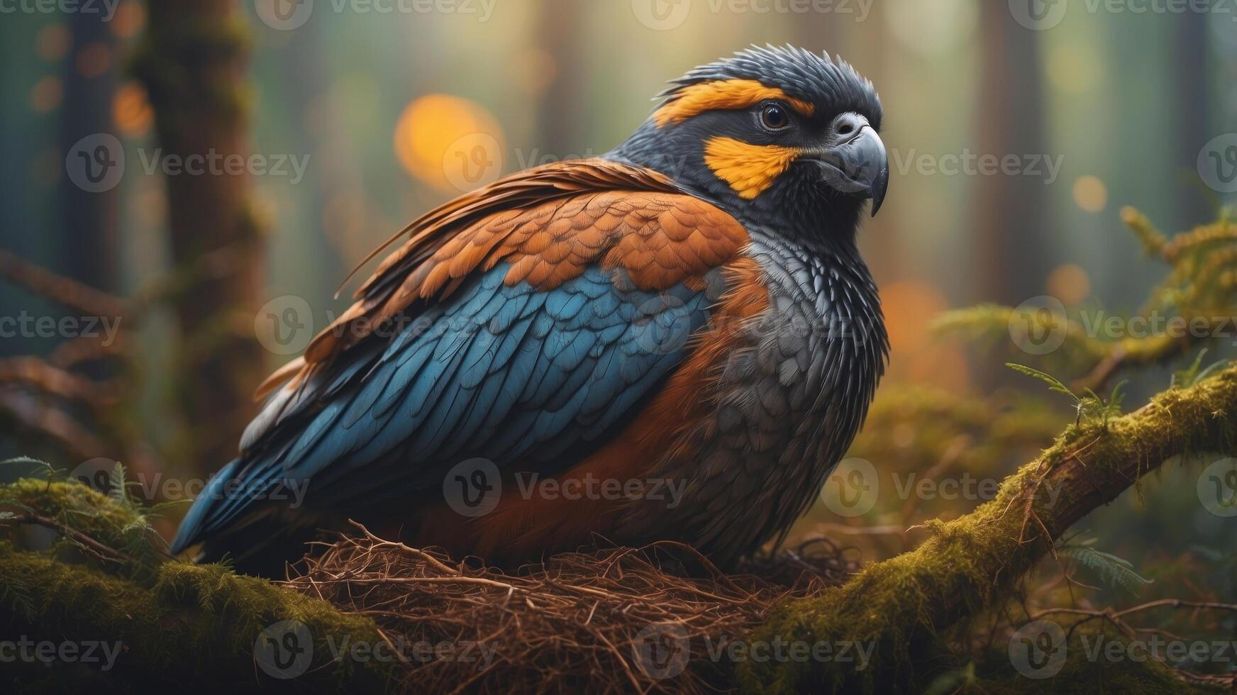 A large bird sitting on top of a nest in a forest. photo