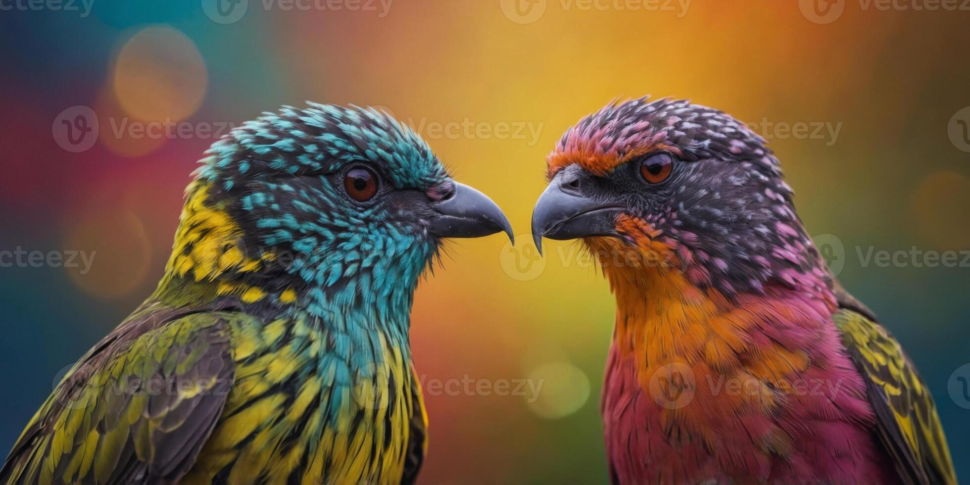 two birds wearing sunglasses in front of a colorful background. photo