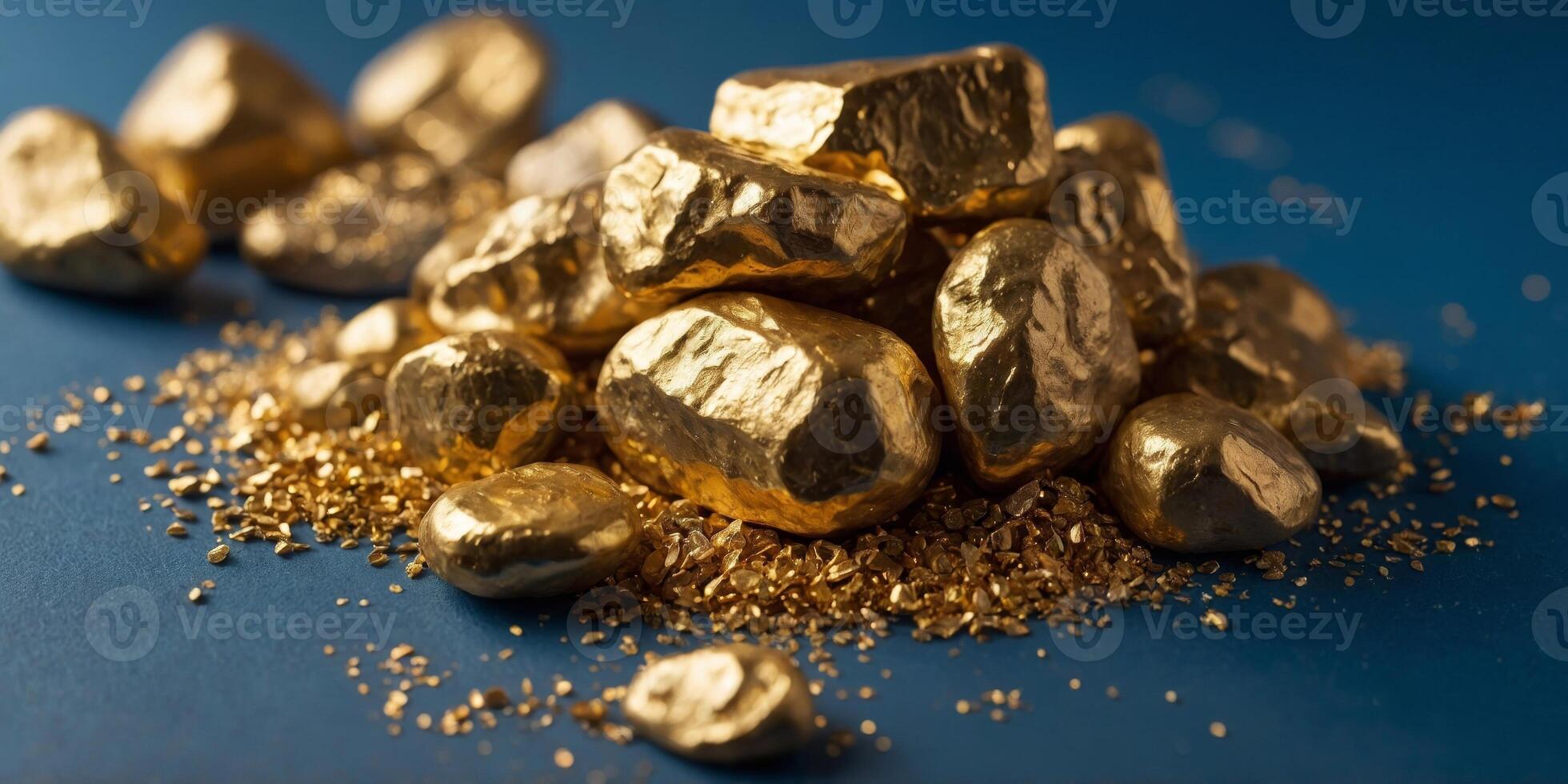 A pile of gold rocks on a blue background. photo