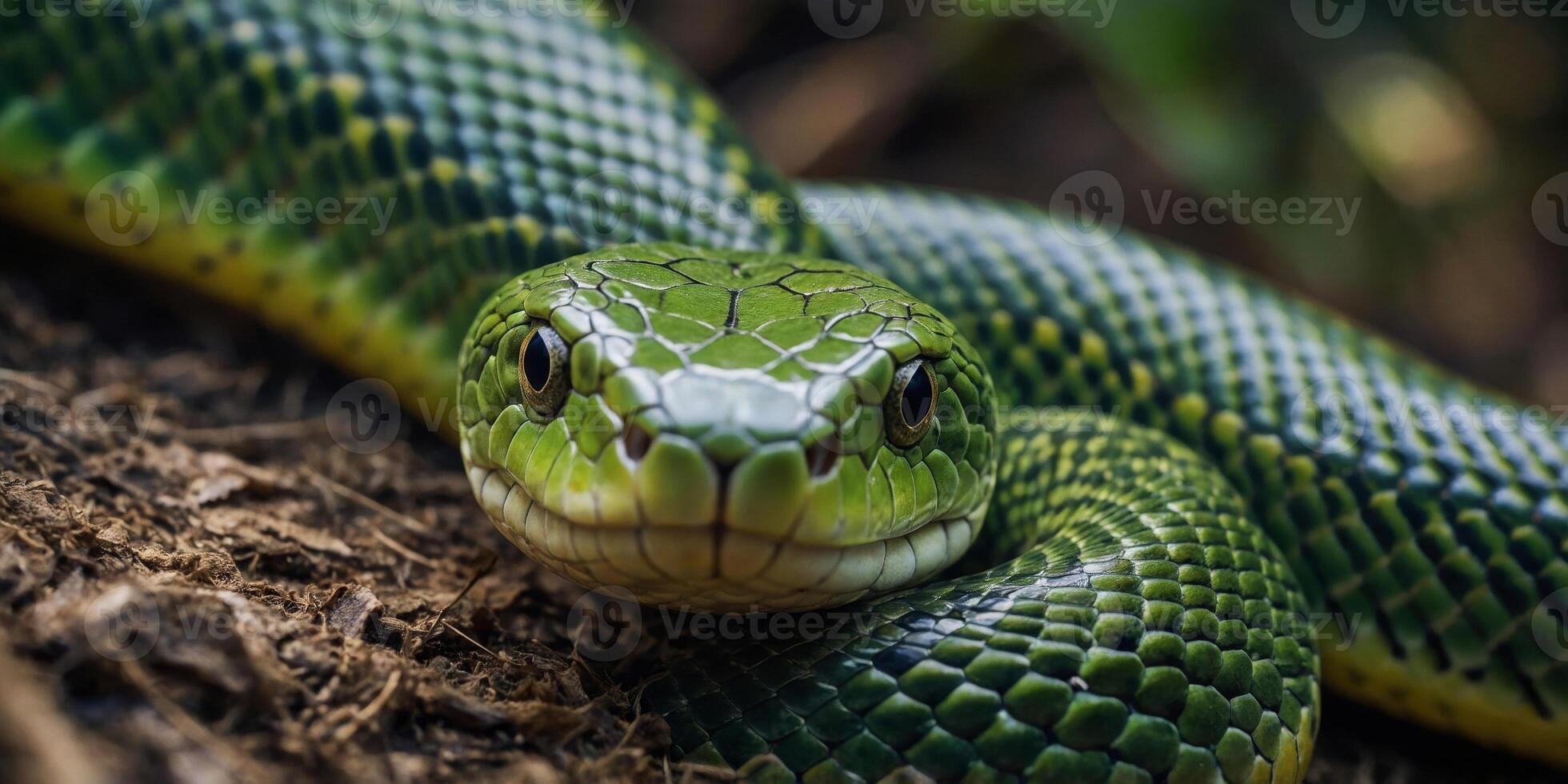 closeup green snake smile face new fructose magazine. photo