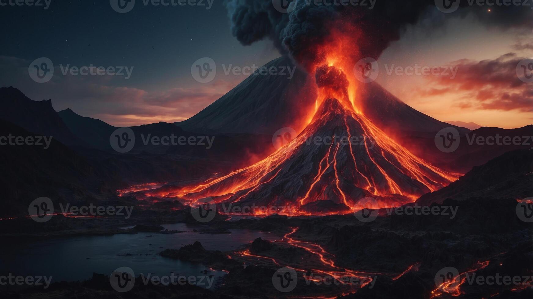 Erupting Volcanoes Illuminating The Night Sky With Flowing Lava Rivers. photo