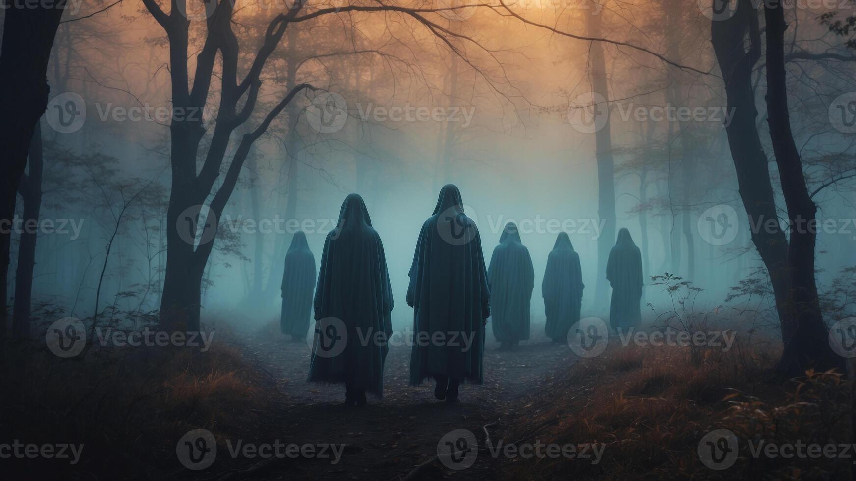 Haunting specters emerging from the mists of a bewitched forest under the moonlight. photo