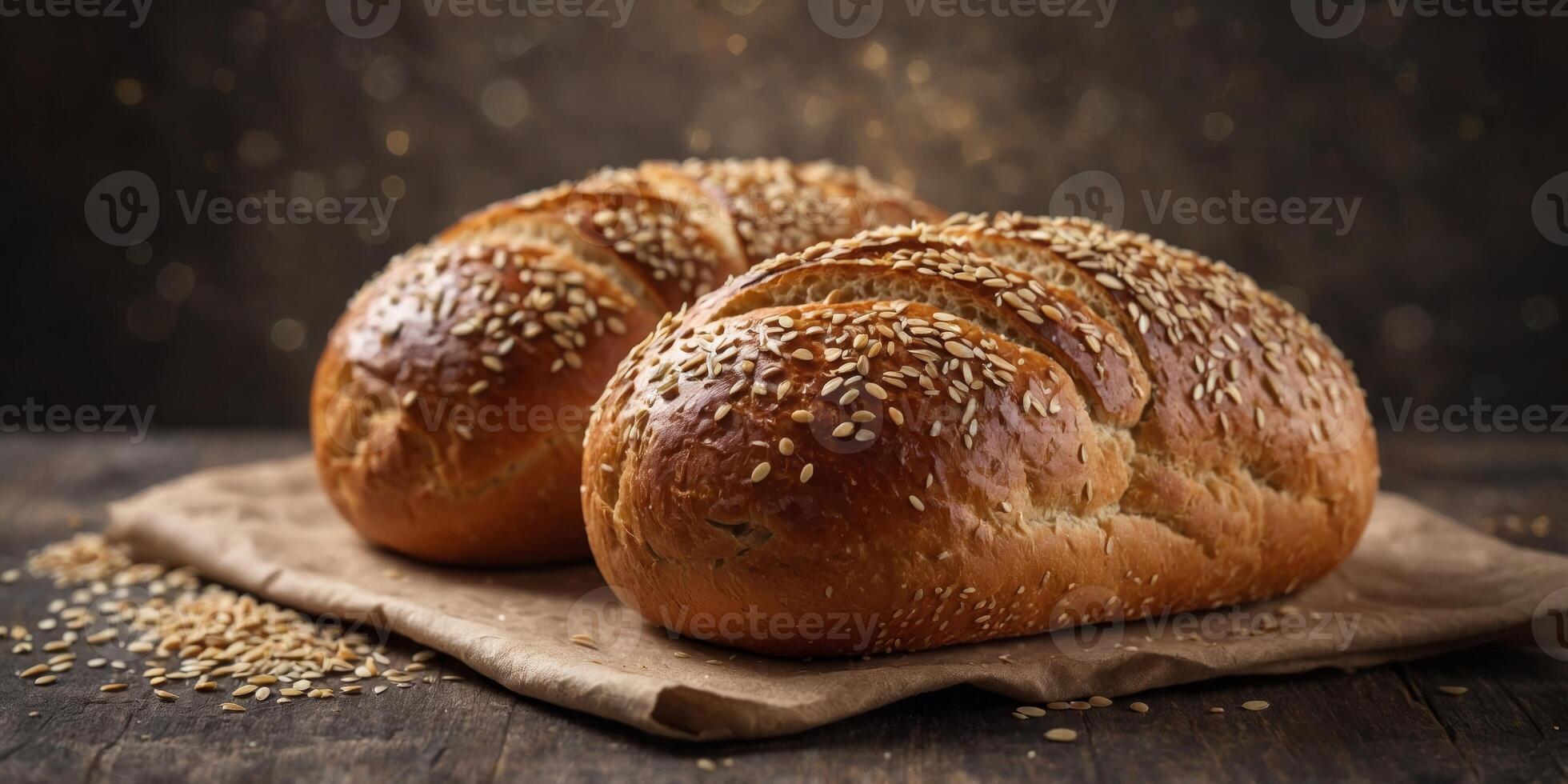 Three rolls of bread with sesame seeds on top. photo