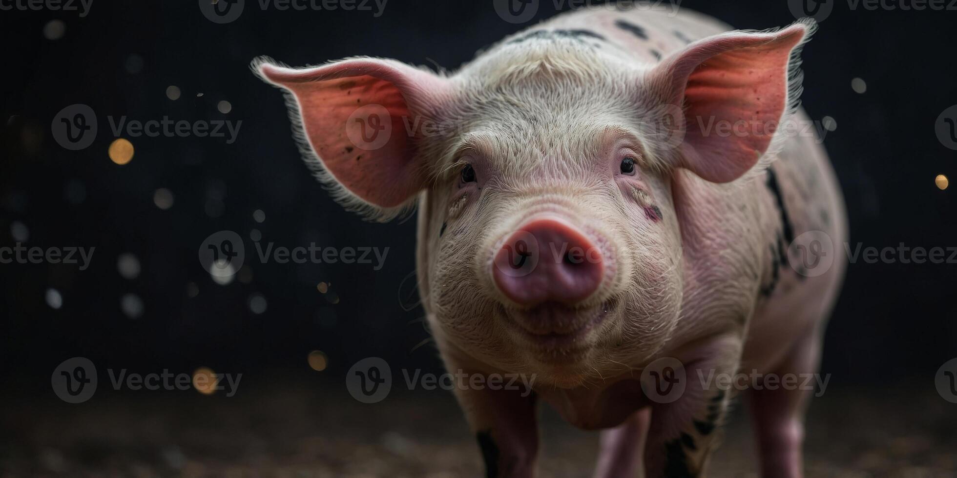 A pig with a pink nose and a black background. photo