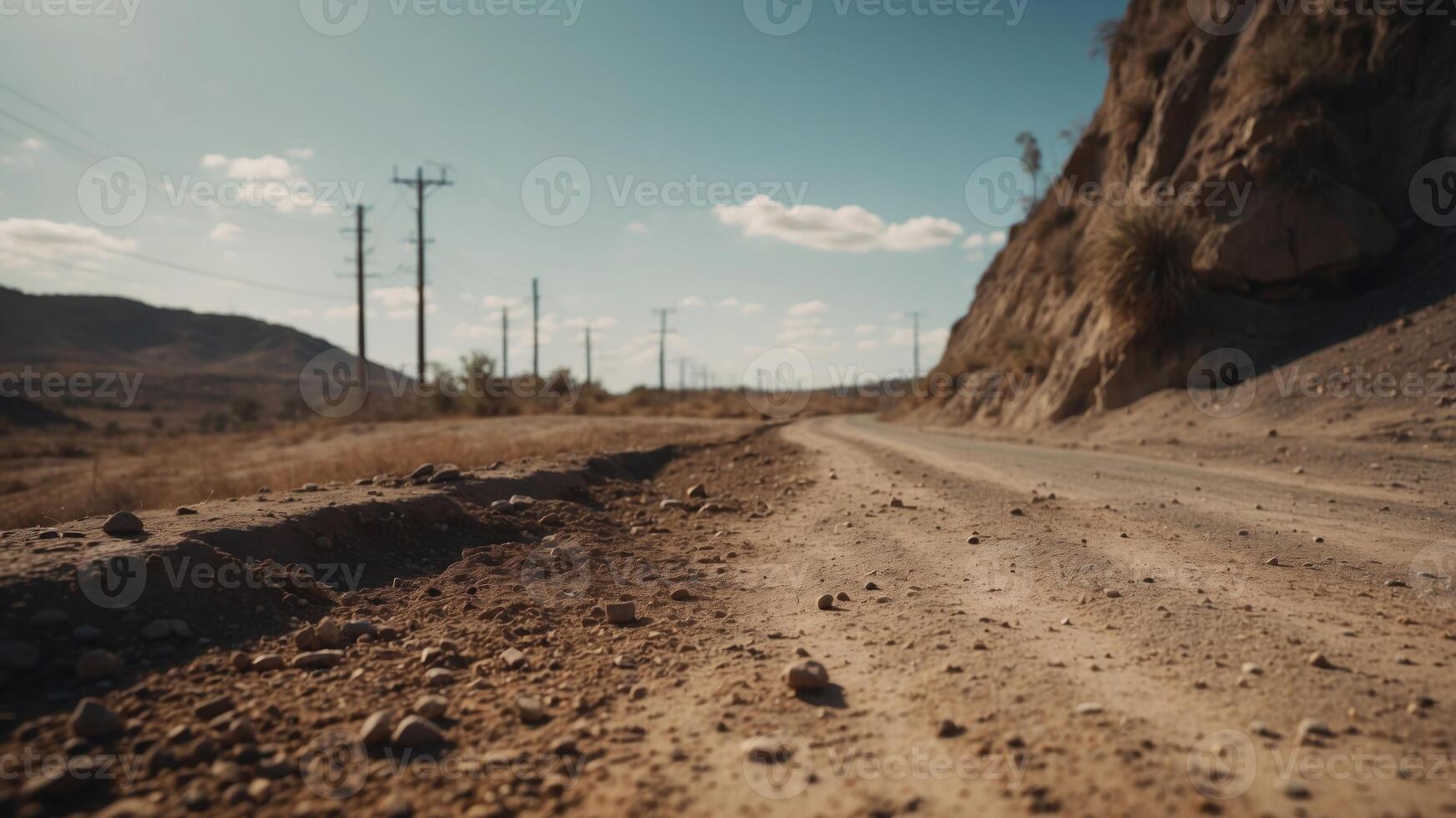 A blurry image of a road with a lot of dirt and debris. photo