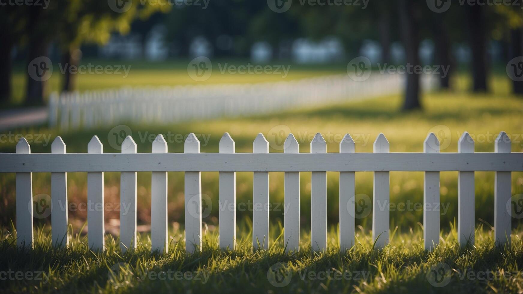 A white picket fence with green grass in front of it. photo