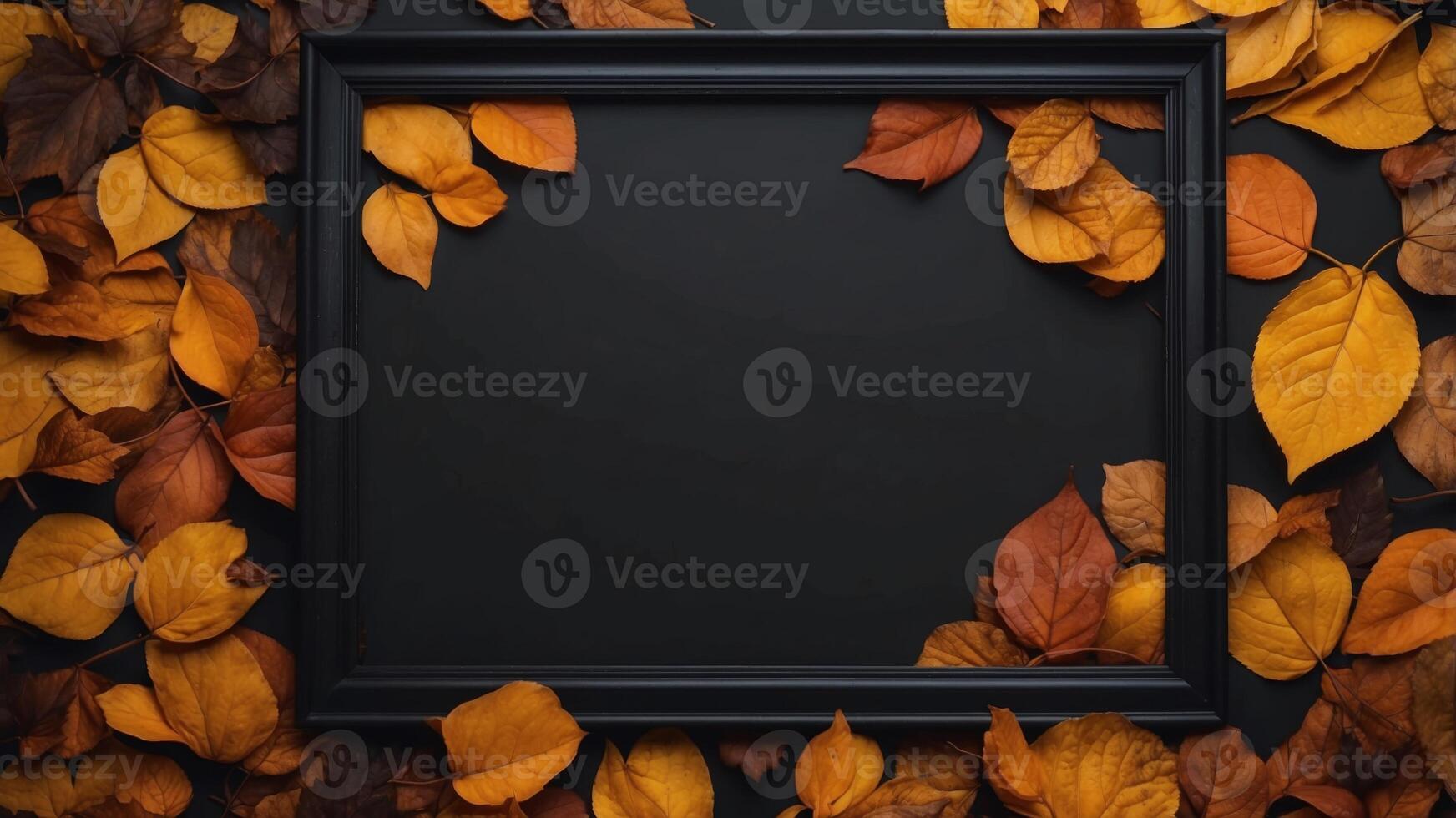 A black frame with a black background and a border of orange and yellow leaves. photo