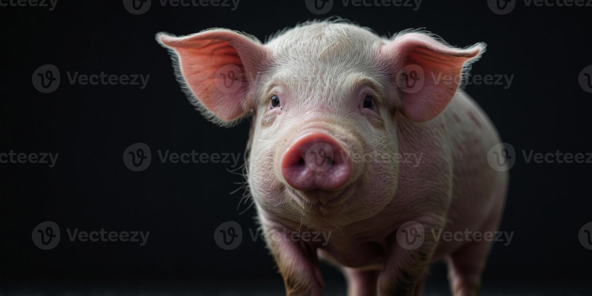 A pig with a pink nose and a black background. photo