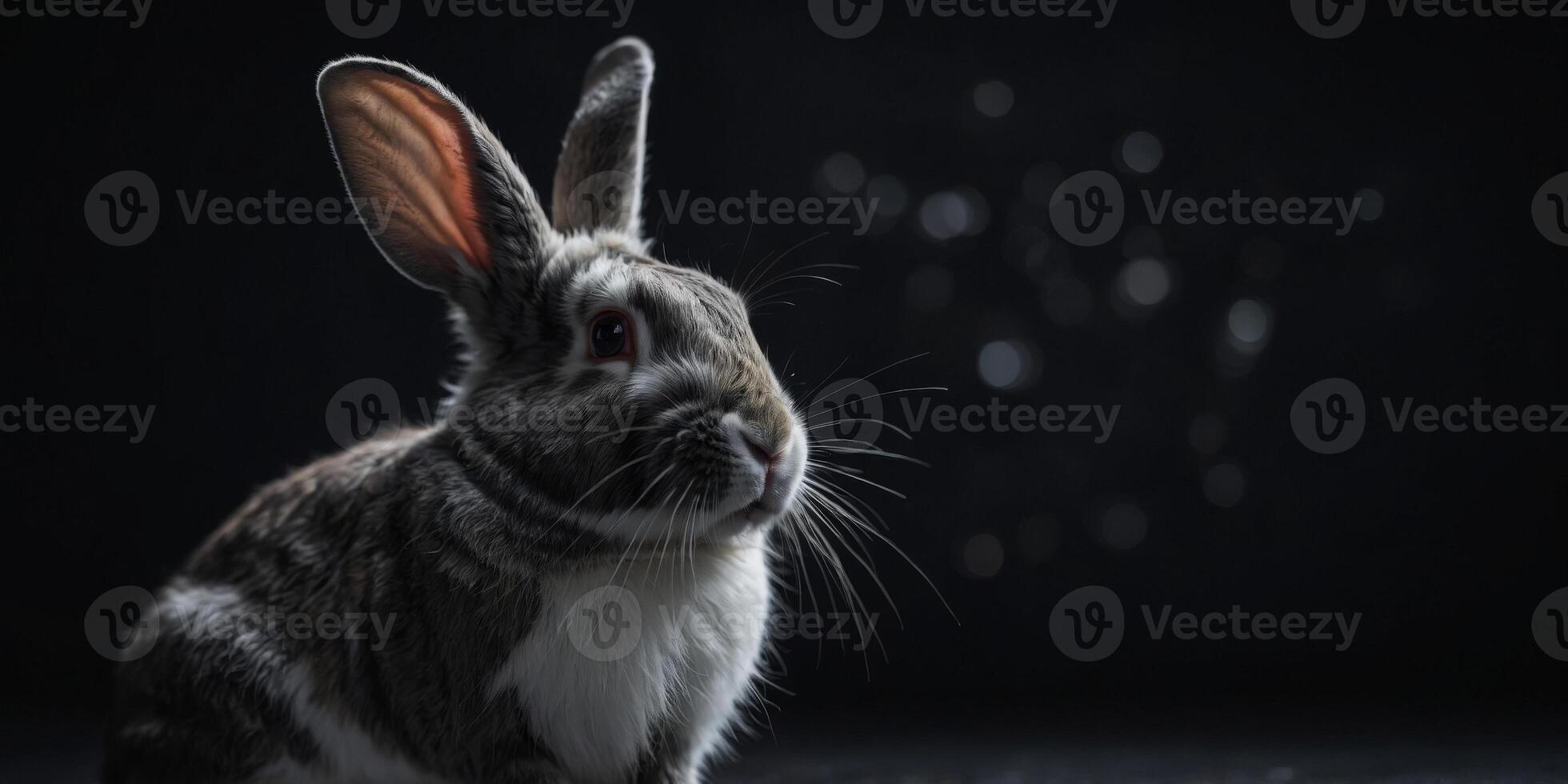 A black and white rabbit is standing on a black background. photo