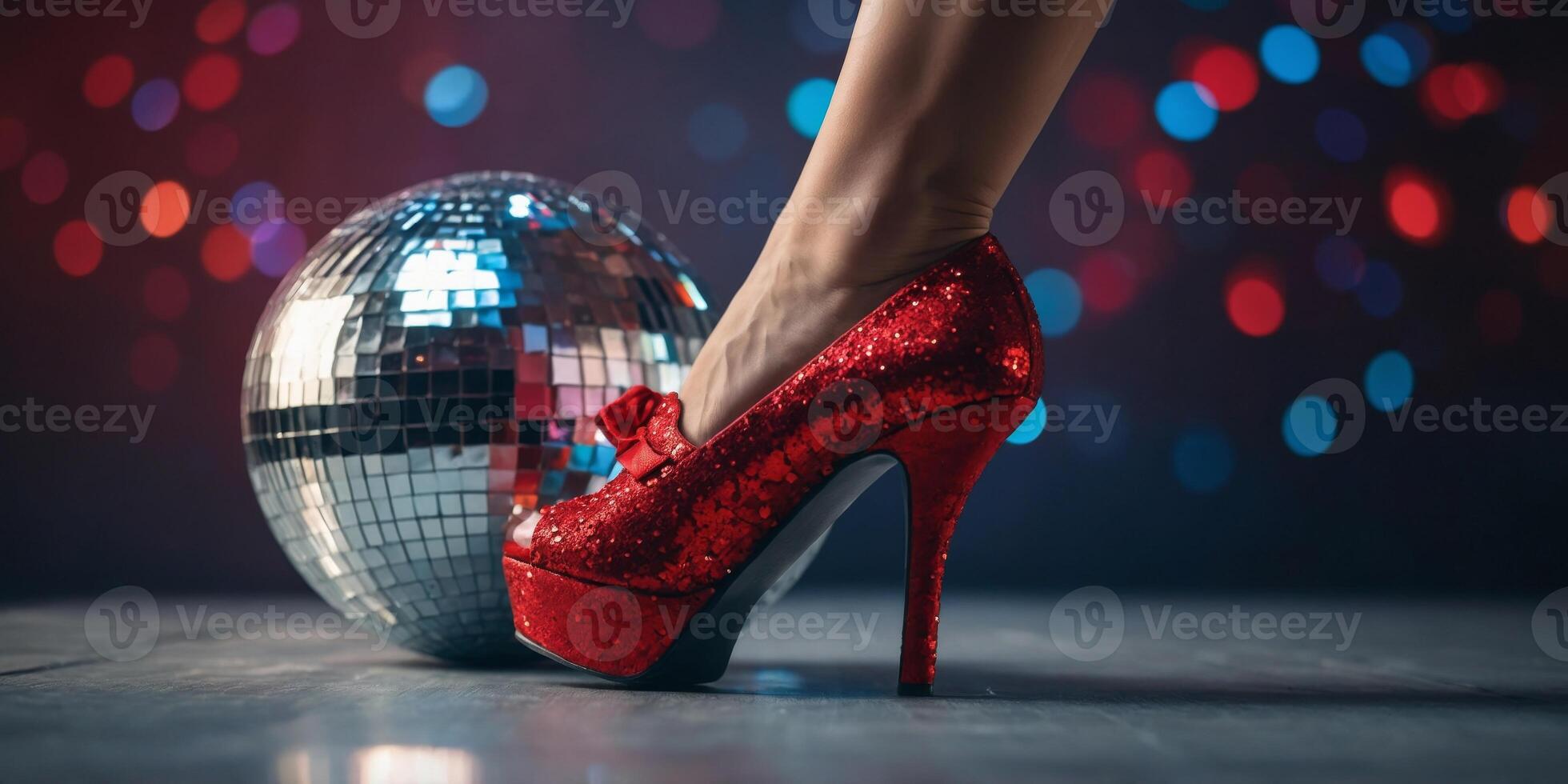 Legs in Red Shoes with a Disco Ball - Party Invitation Concept. photo