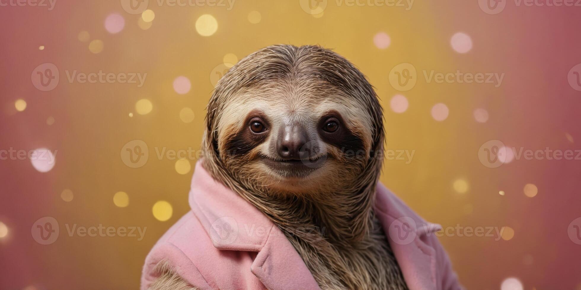 sloth wearing pink suite on yellow background. photo