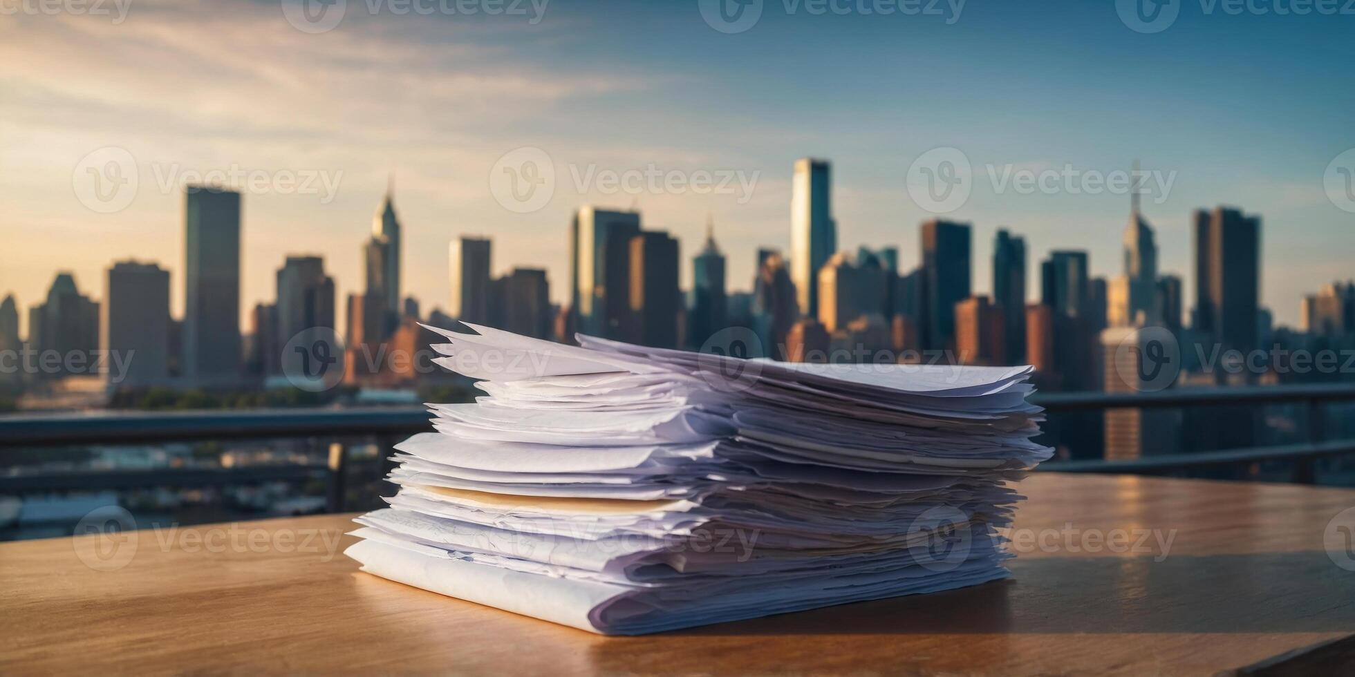 A stack of papers is on a table with a city skyline in the background. photo