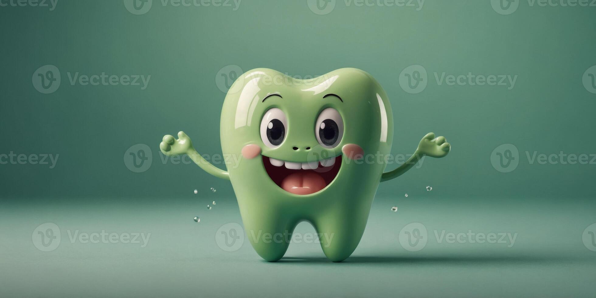 Cheerful Tooth Character on Light Green Background. photo
