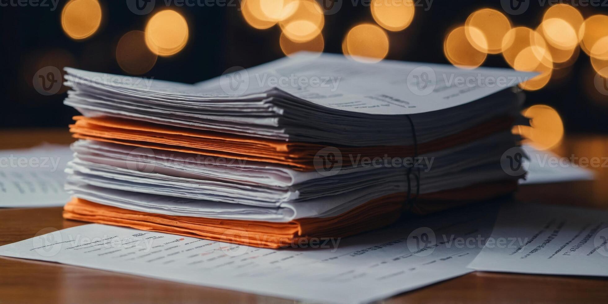 A stack of papers is piled on top of a table. photo