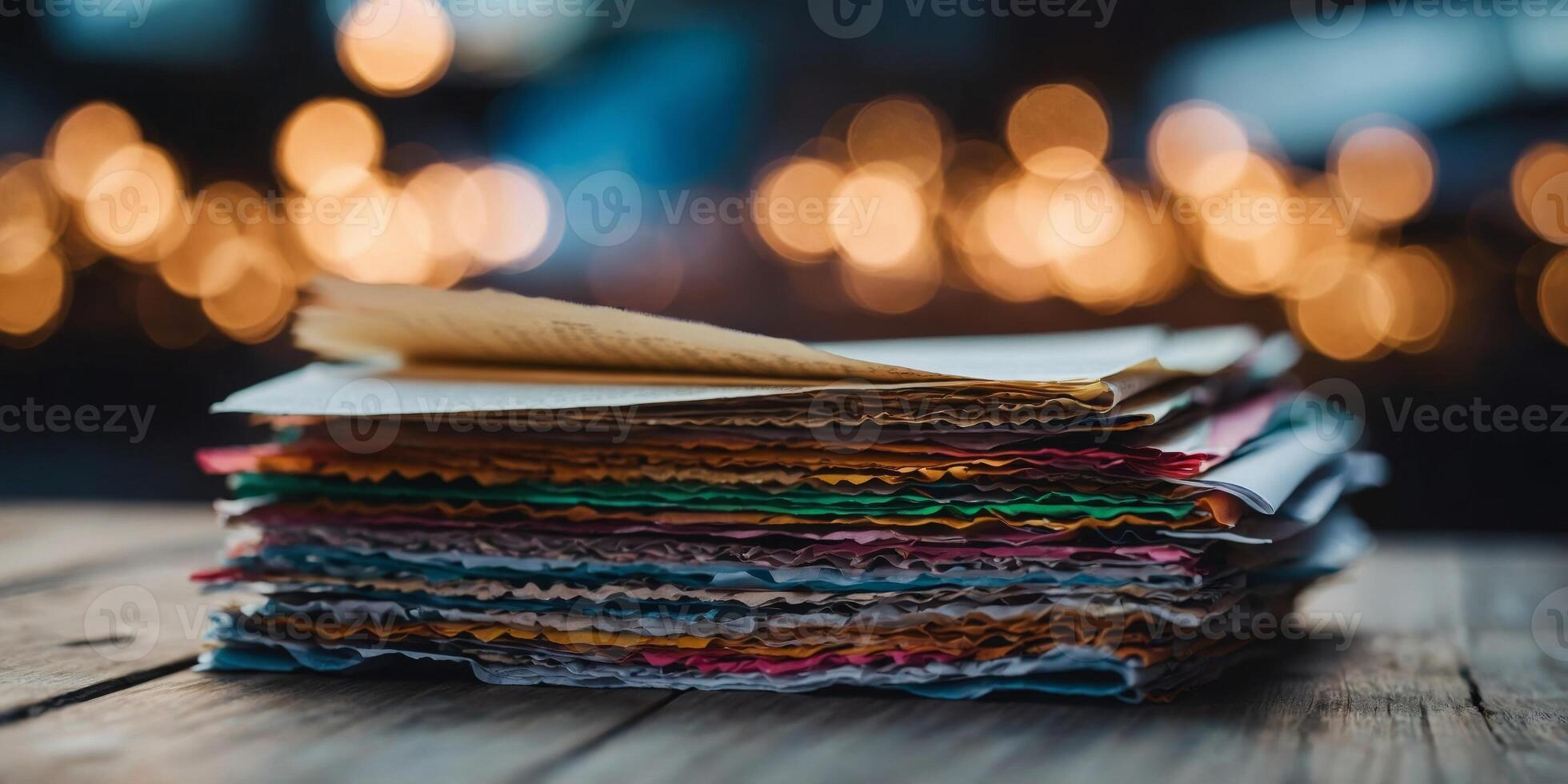 A stack of papers is piled on top of a table. photo