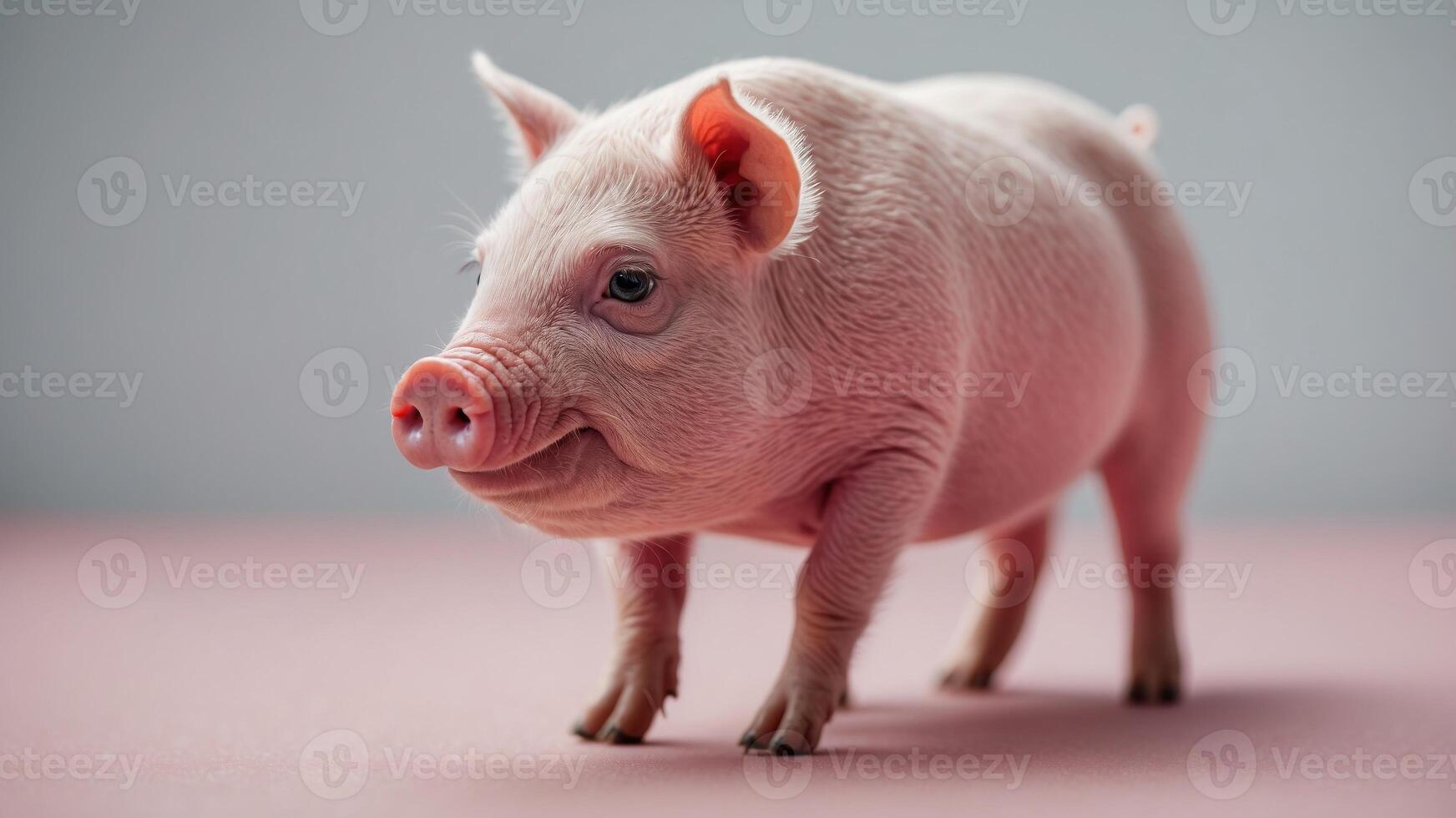 A small pink pig standing on a white surface. photo