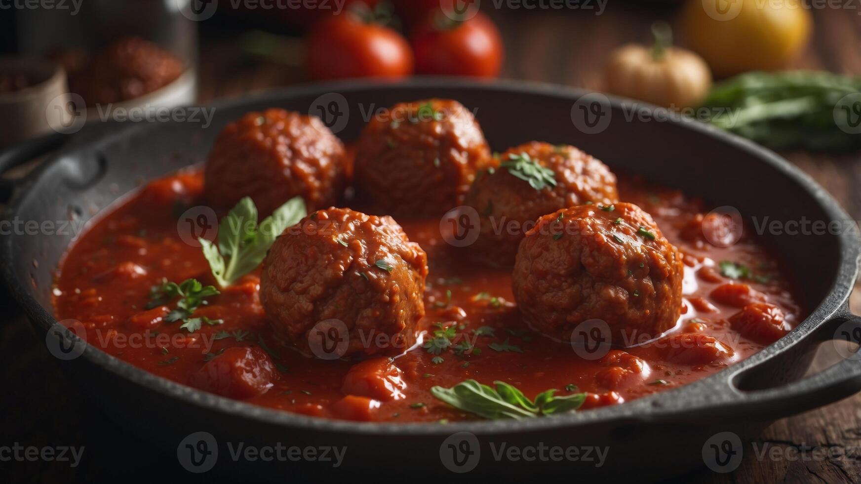 Savory Meatballs Simmering in Rich Tomato Sauce With Fresh Vegetables and Herbs. photo