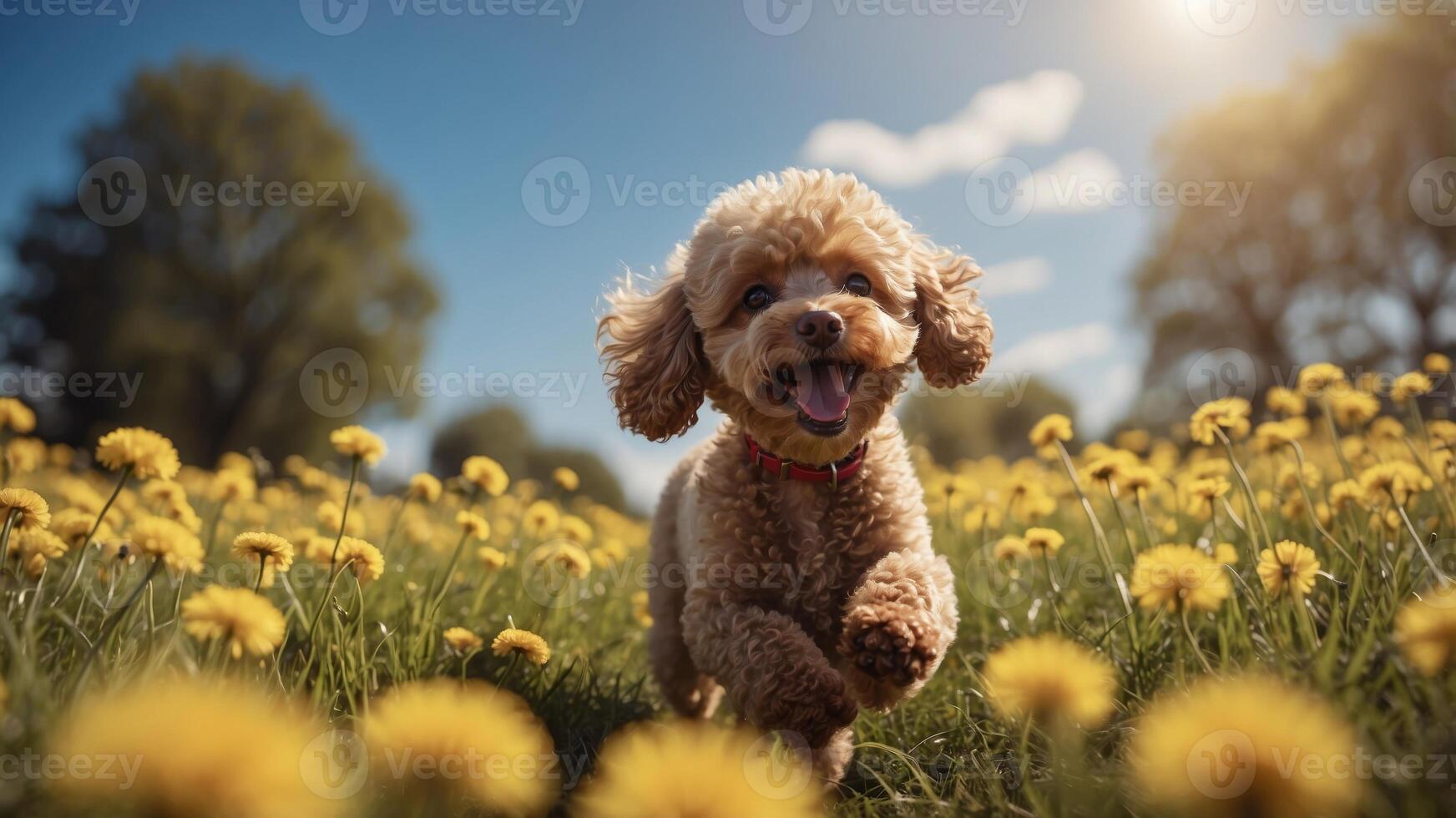 Toy poodle joyfully running through a field of dandelions under a bright blue sky. photo