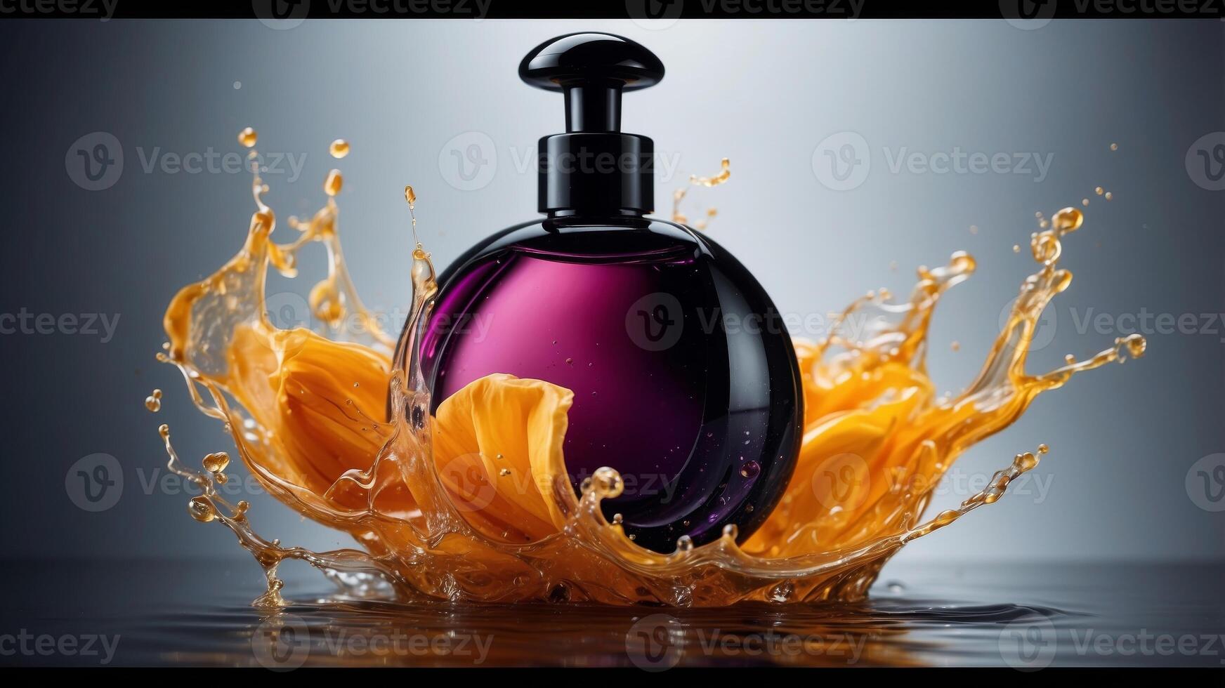 A bottle of perfume is shown within a splash of black liquid. photo