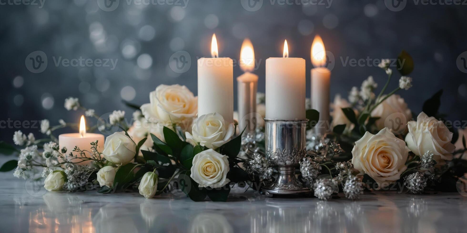 White candles shine beneath silver leaves of the bouquet. photo