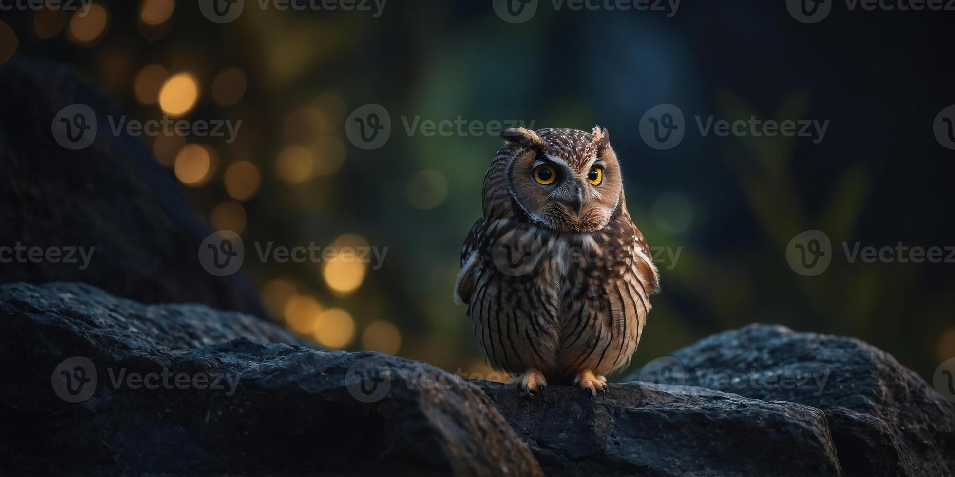 A small owl is perched on a rock in the dark. photo