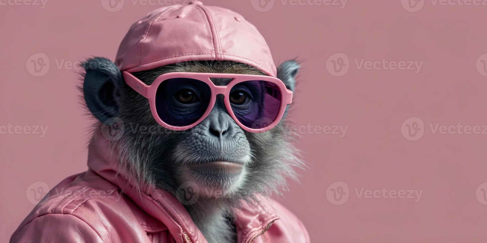 Monkey wearing fashion pink clothes with sunglasses on blue background. photo
