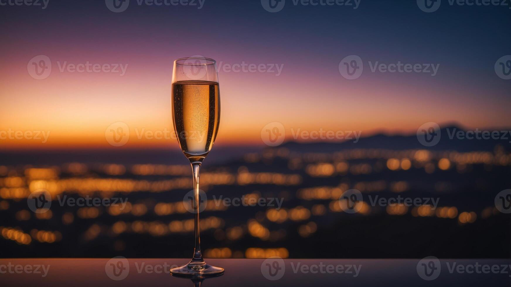 A glass of champagne on the background of a night landscape. photo