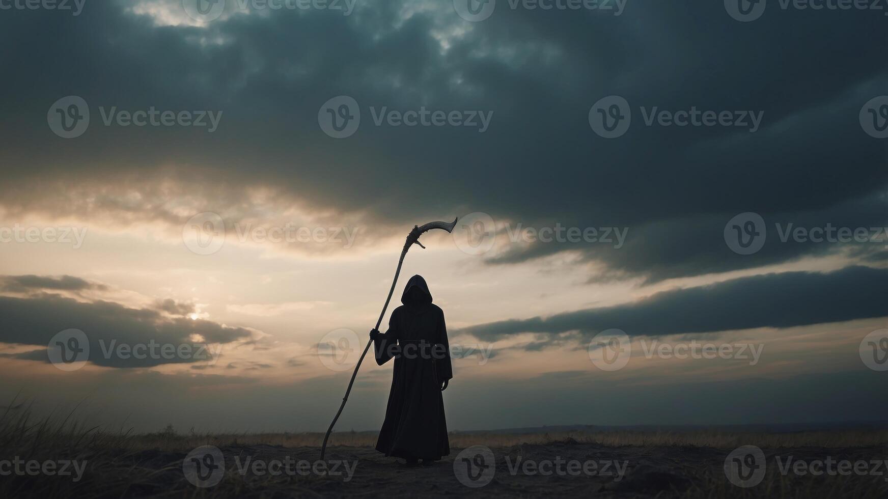 A grim reaper holding a scythe in front of a cloudy sky. photo