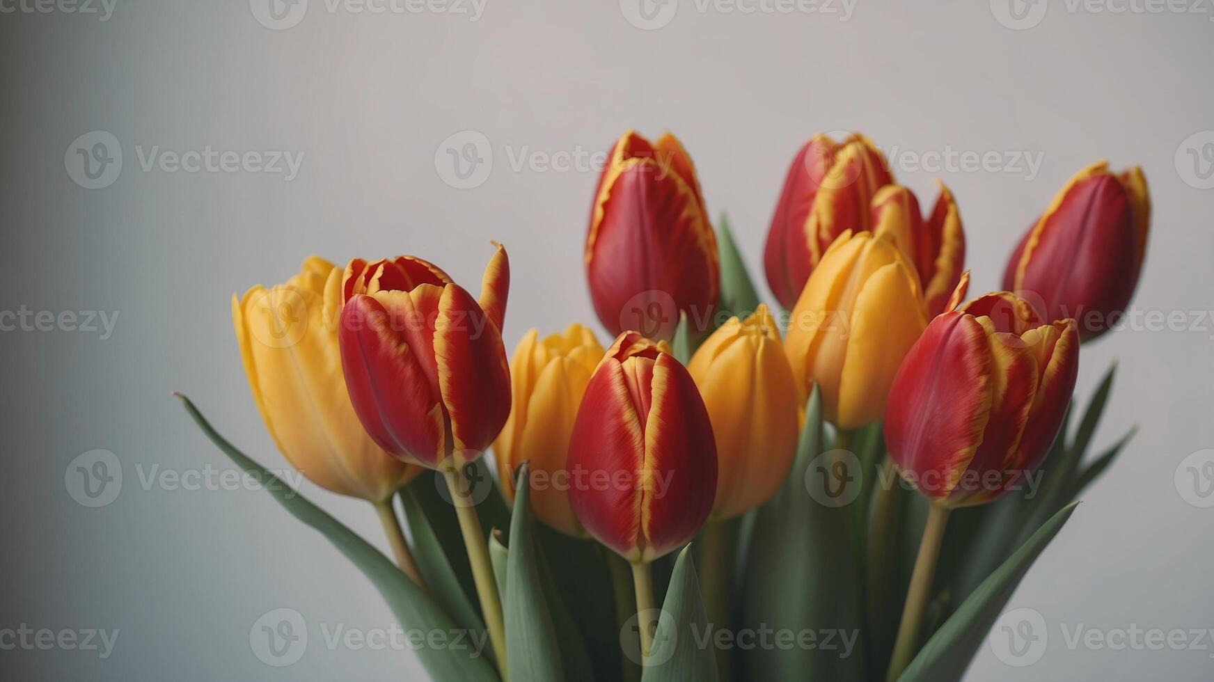 A bouquet of red and yellow tulips arranged within a row. photo