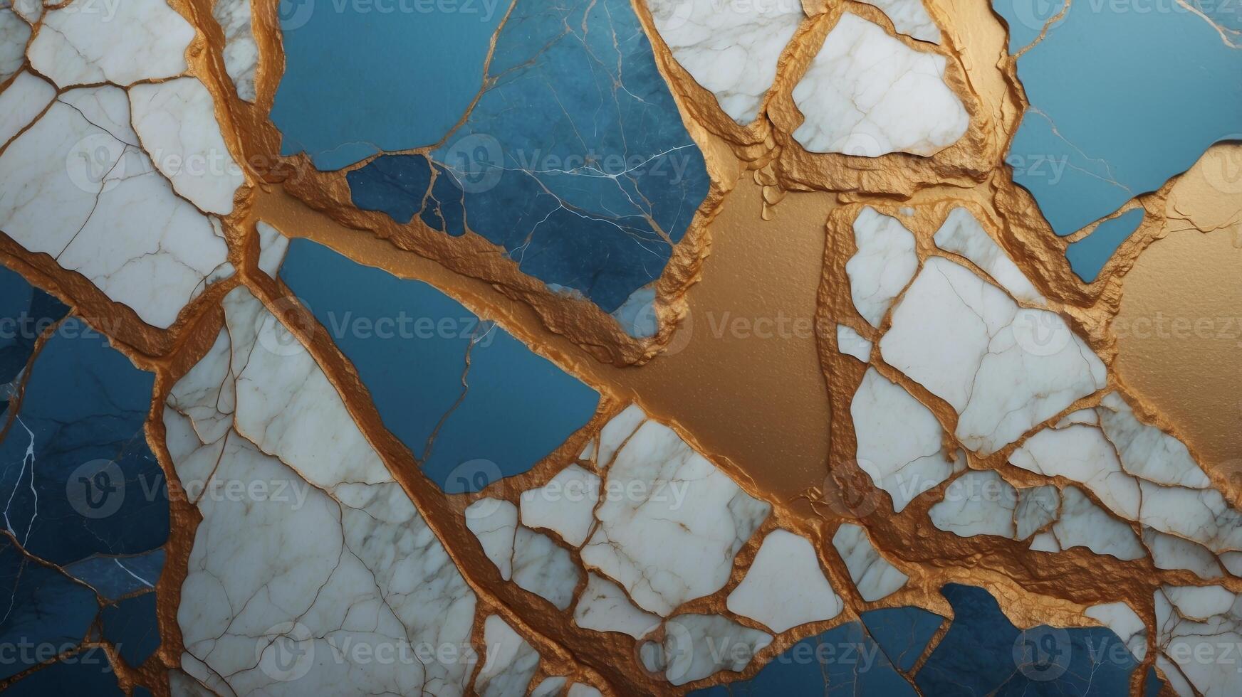 un azul y oro mármol pared con un lote de grietas y surcos. foto