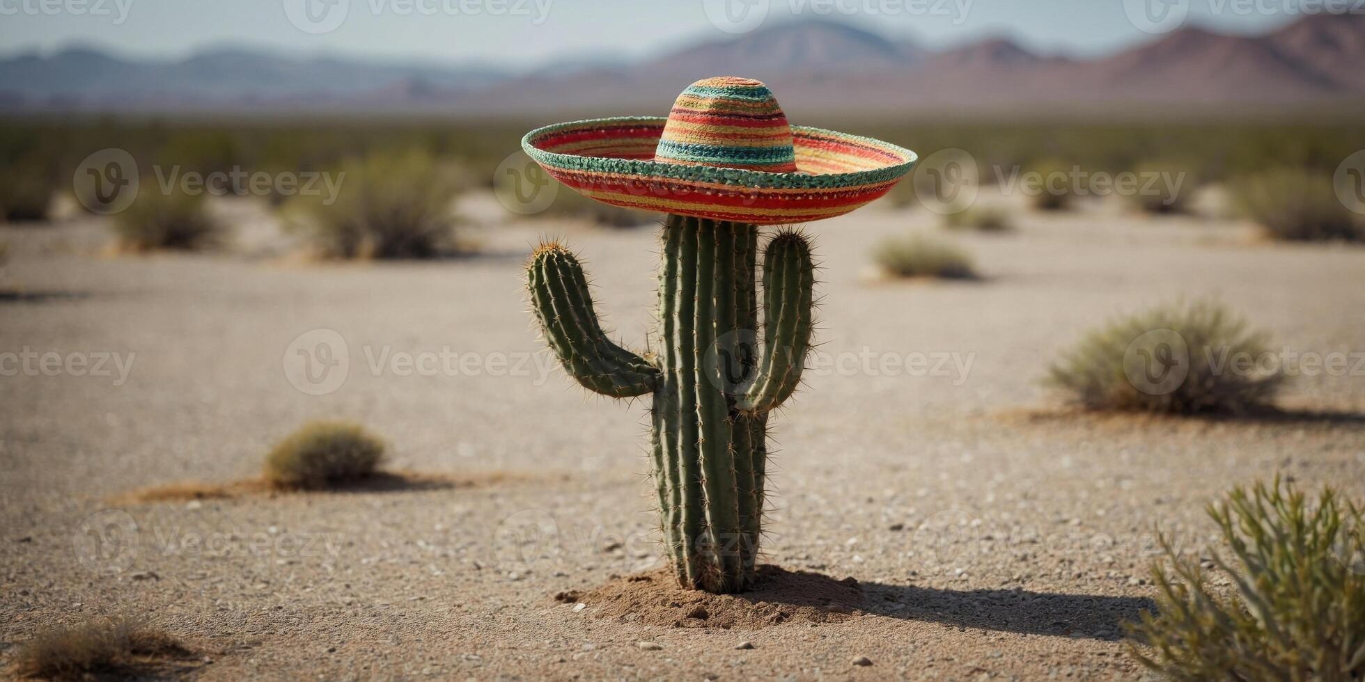 Medium shot of a lone cactus wearing a tiny sombrero standing tall in a summer minimalist desert. photo