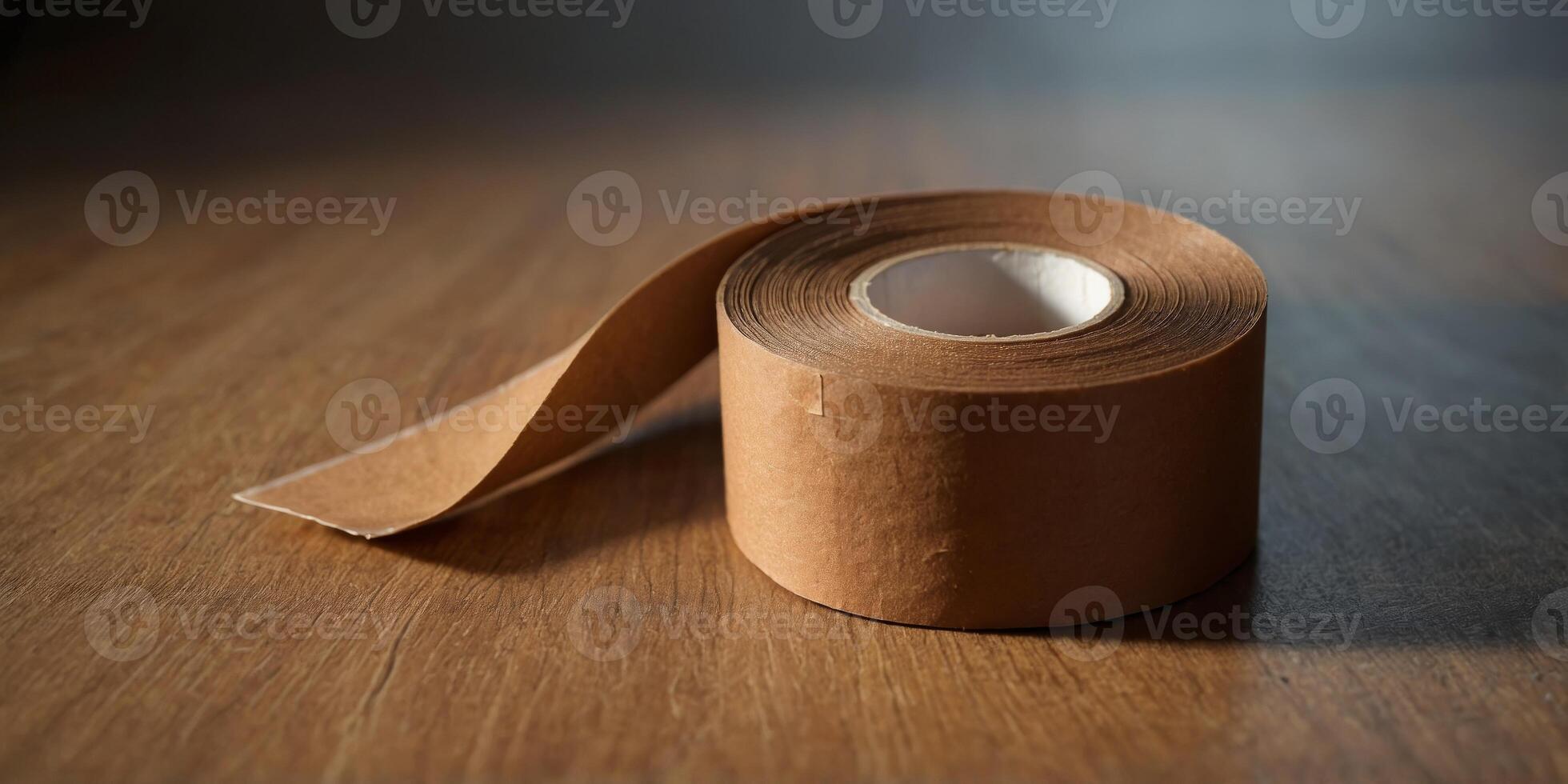 A brown roll of tape is sitting on a tan surface. photo