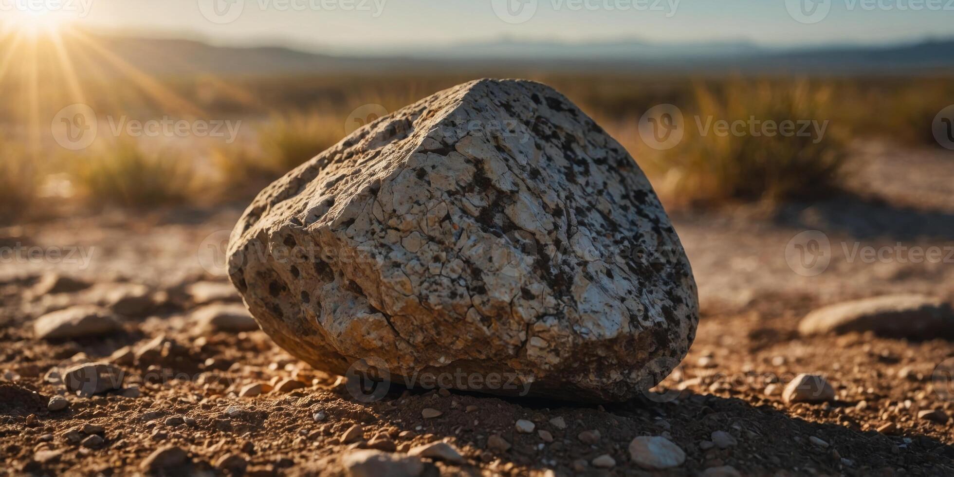 A rock is on a dirt field with a bright sun in the background. photo