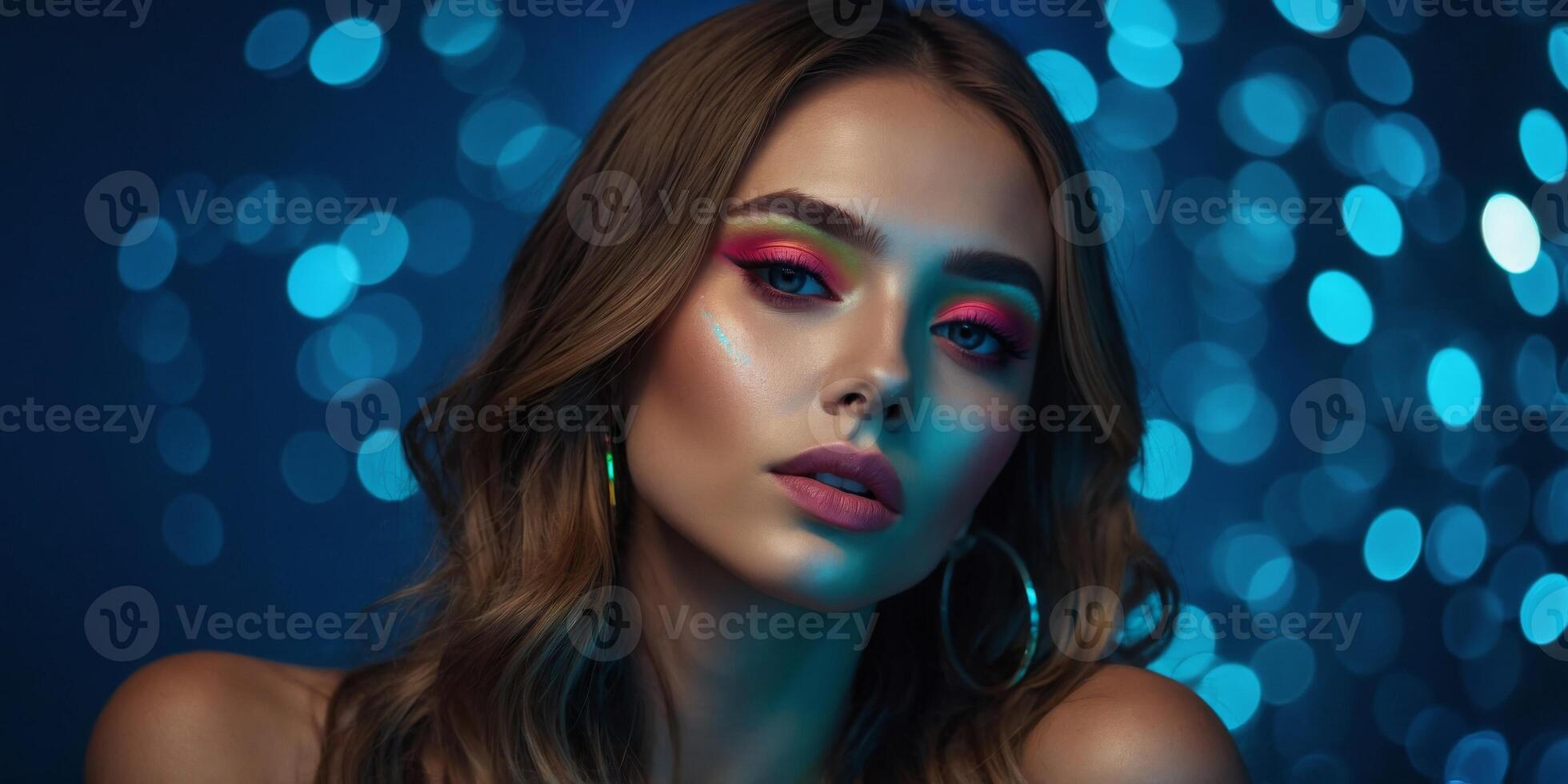 beautiful girl with bright neon makeup on a blue background. photo