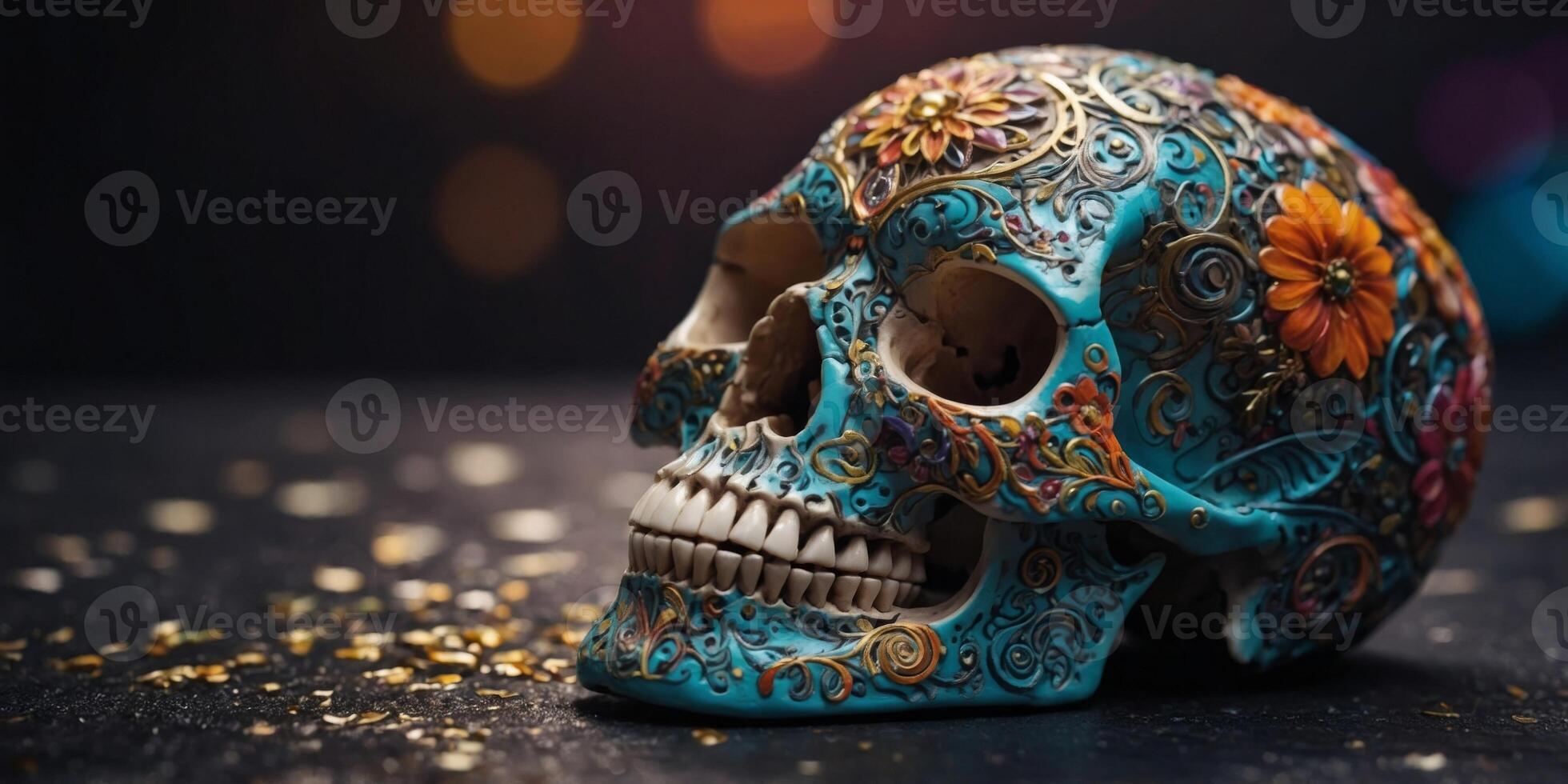 The skull is decorated with bright colors and intricate designs. photo