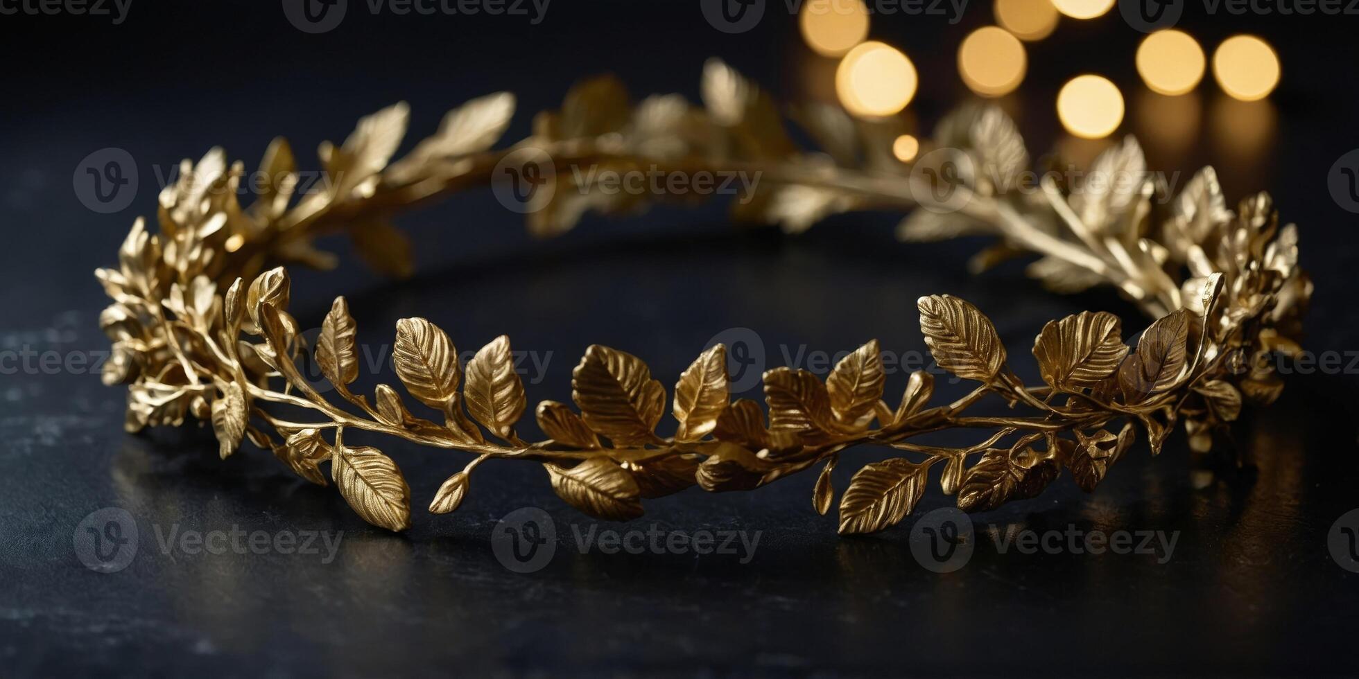 A gold wreath with leaves and a bow is placed on a dark surface. photo