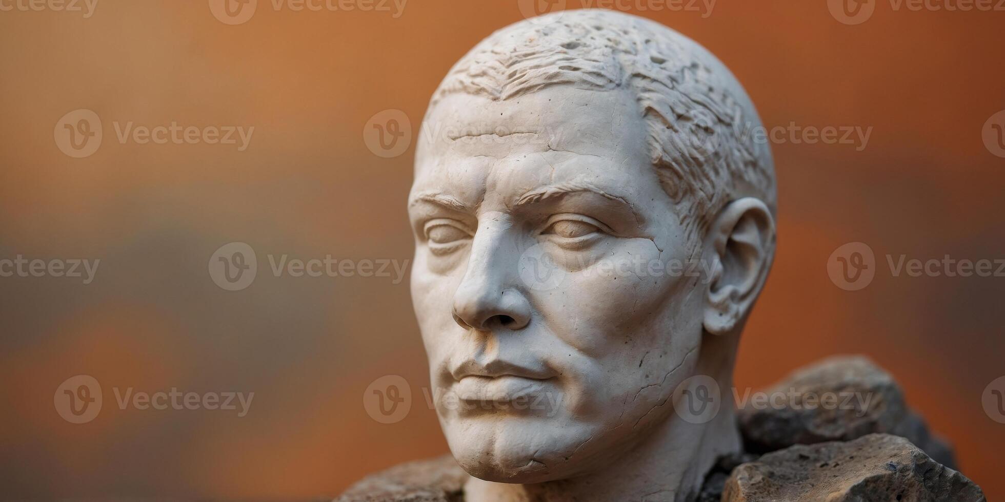 A white head with a stone face is on an orange background. photo