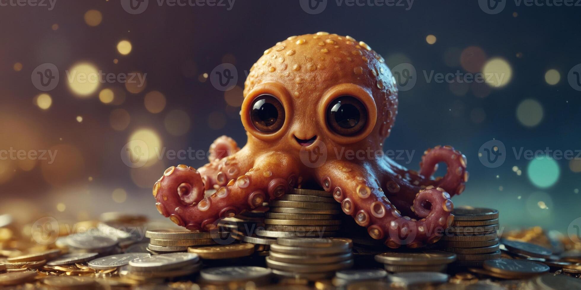 funny little octopus character sitting on the heap of coins. photo