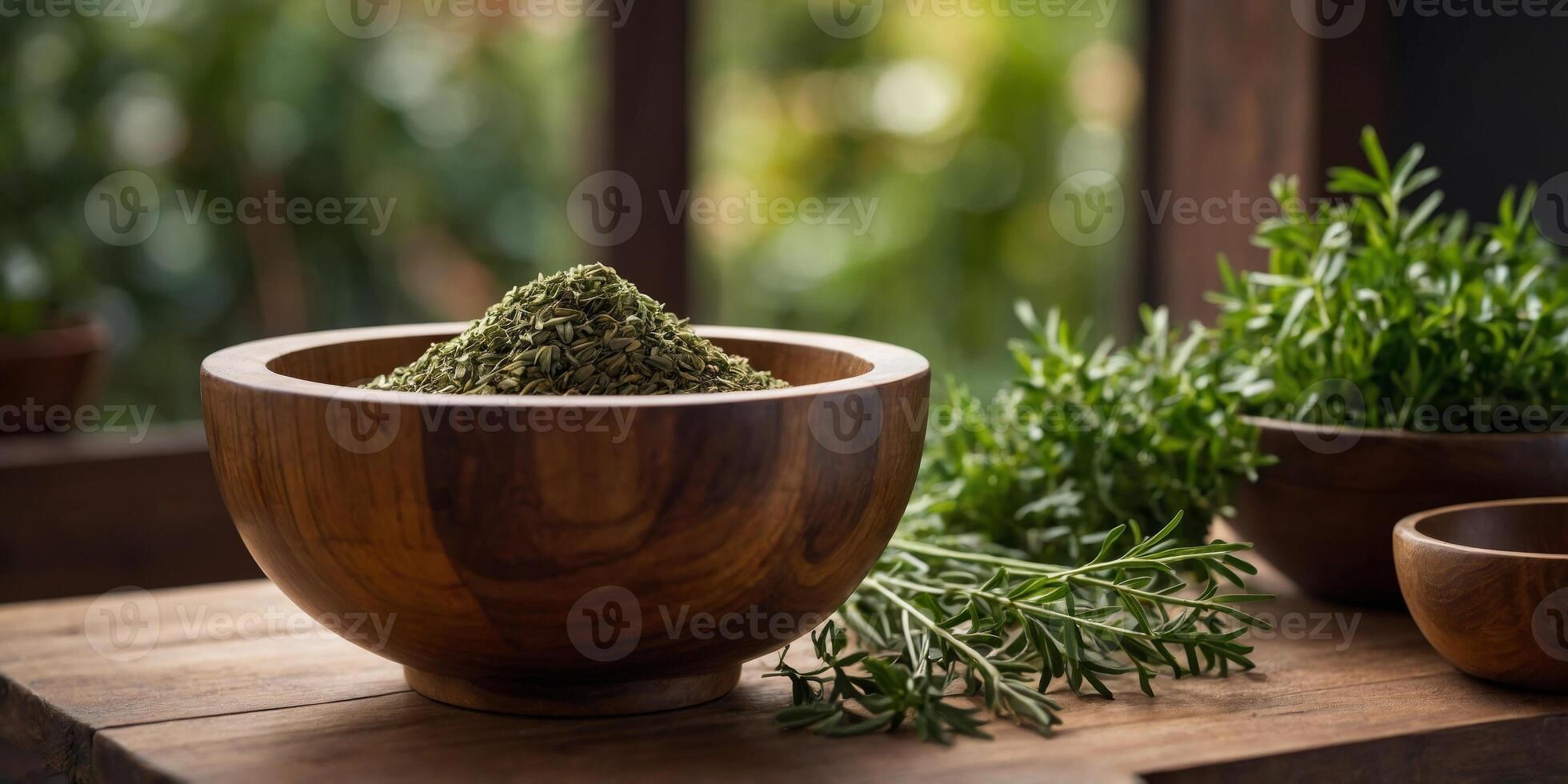 A wooden bowl with herbs and a mortar and pestle sits on a table. photo