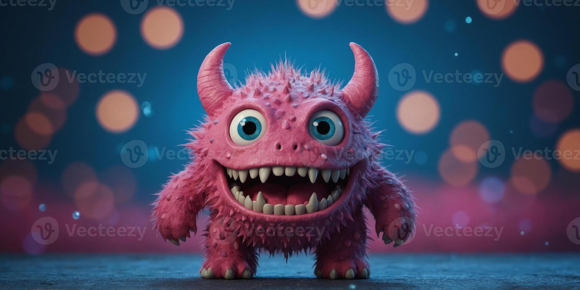 Pink toothy monster on a blue background. photo