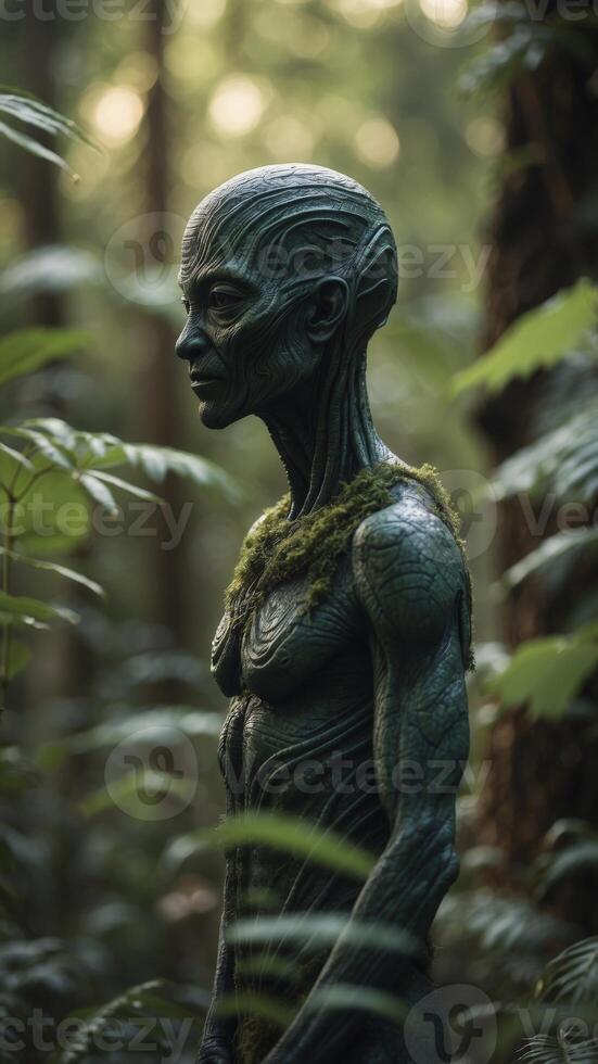 Intricate Alien Figure Posed Amidst Lush Forest Vegetation During Soft Natural Light. photo