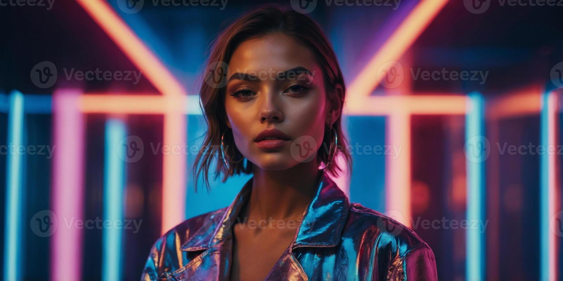 A fashion model posing under colorful neon lights. photo