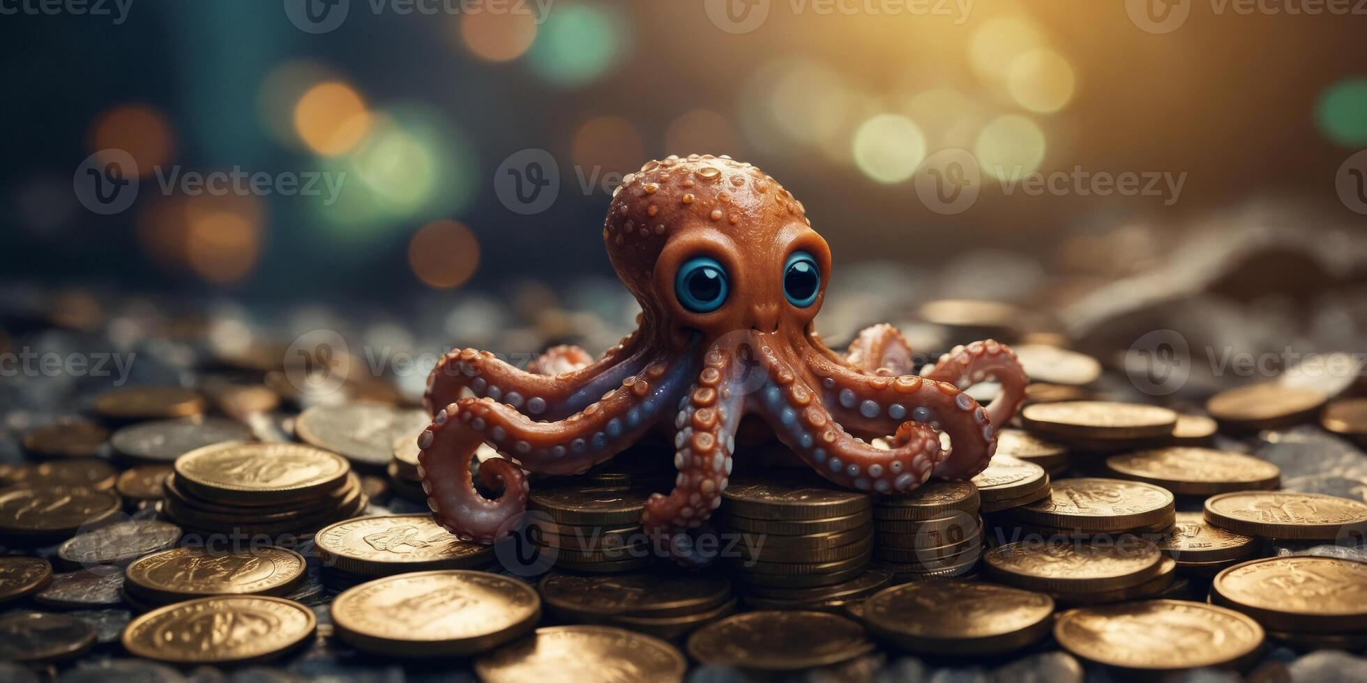 funny little octopus character sitting on the heap of coins. photo