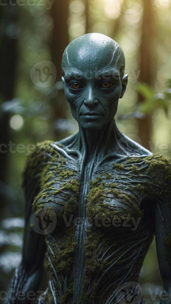 Intricate Alien Figure Posed Amidst Lush Forest Vegetation During Soft Natural Light. photo