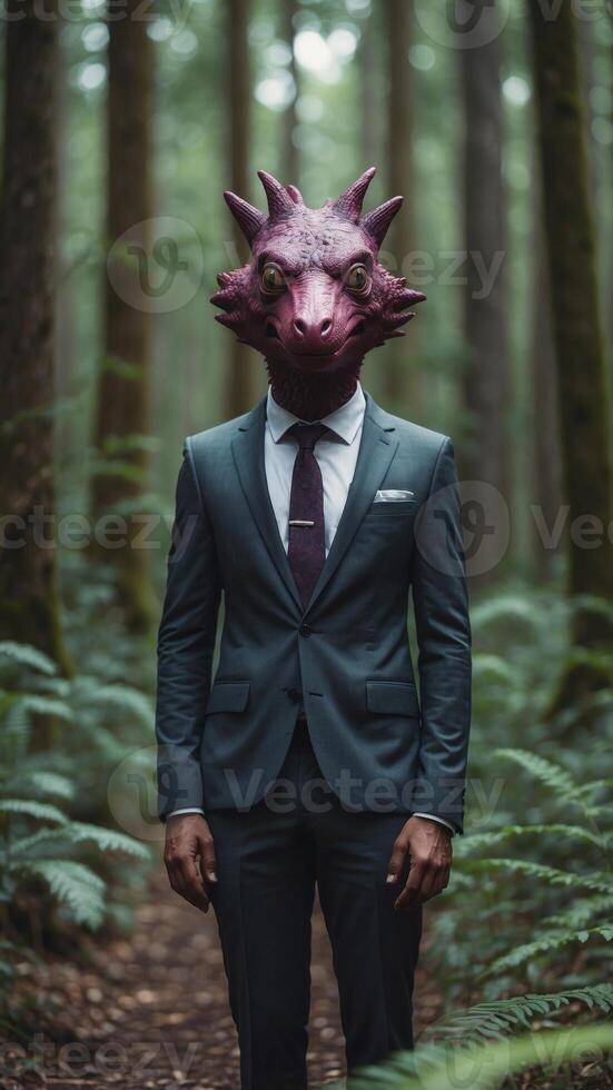 A Bizarre Creature Dressed in a Suit With a Tie in a Lush Forest. photo